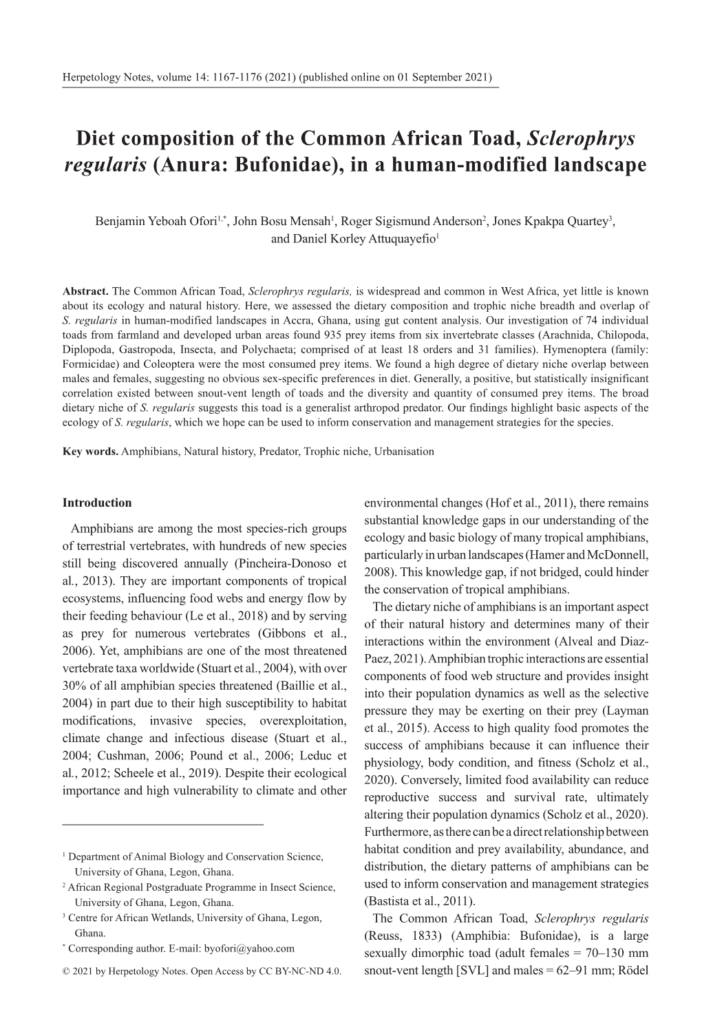 Diet Composition of the Common African Toad, Sclerophrys Regularis (Anura: Bufonidae), in a Human-Modified Landscape