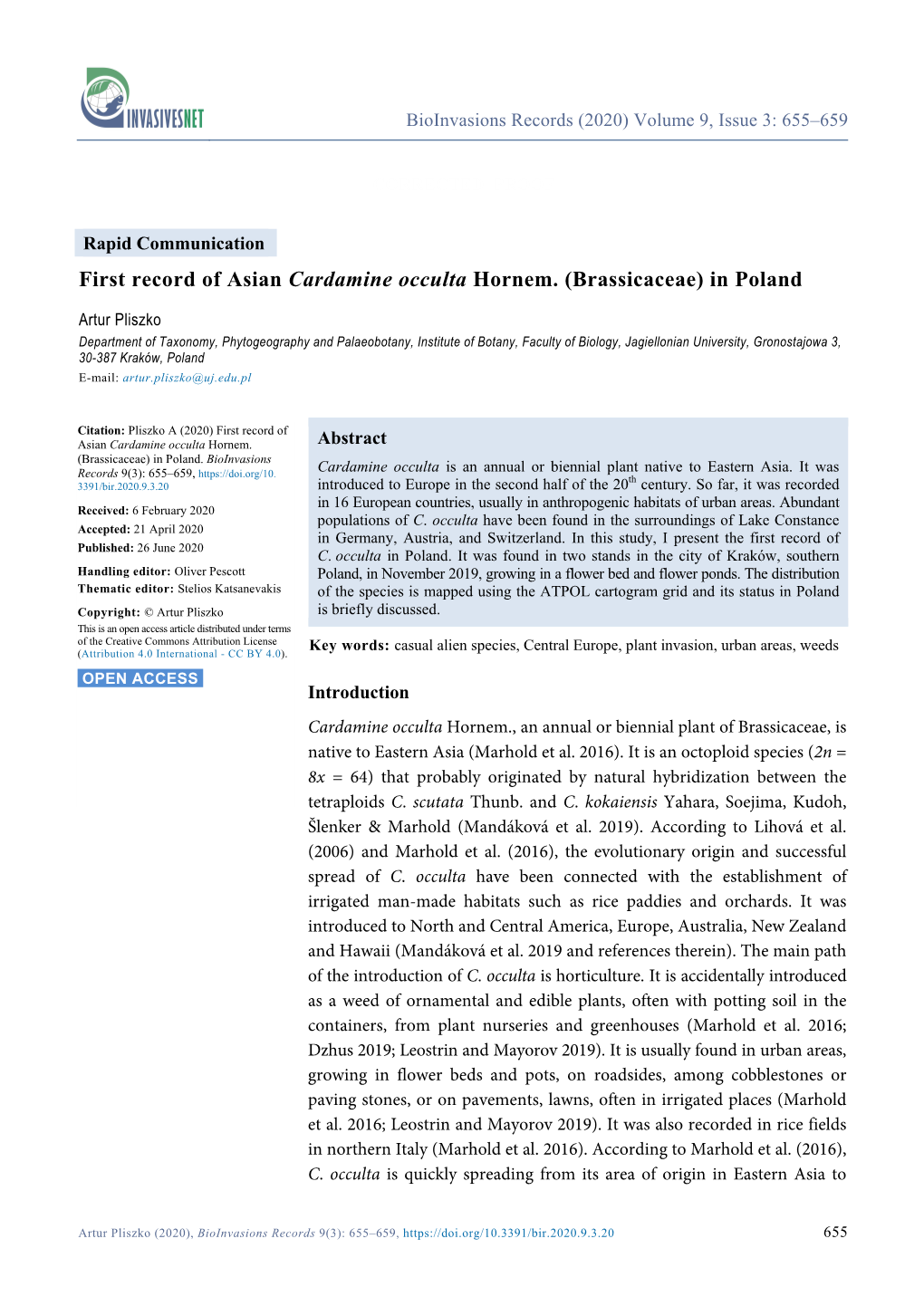 First Record of Asian Cardamine Occulta Hornem. (Brassicaceae) in Poland