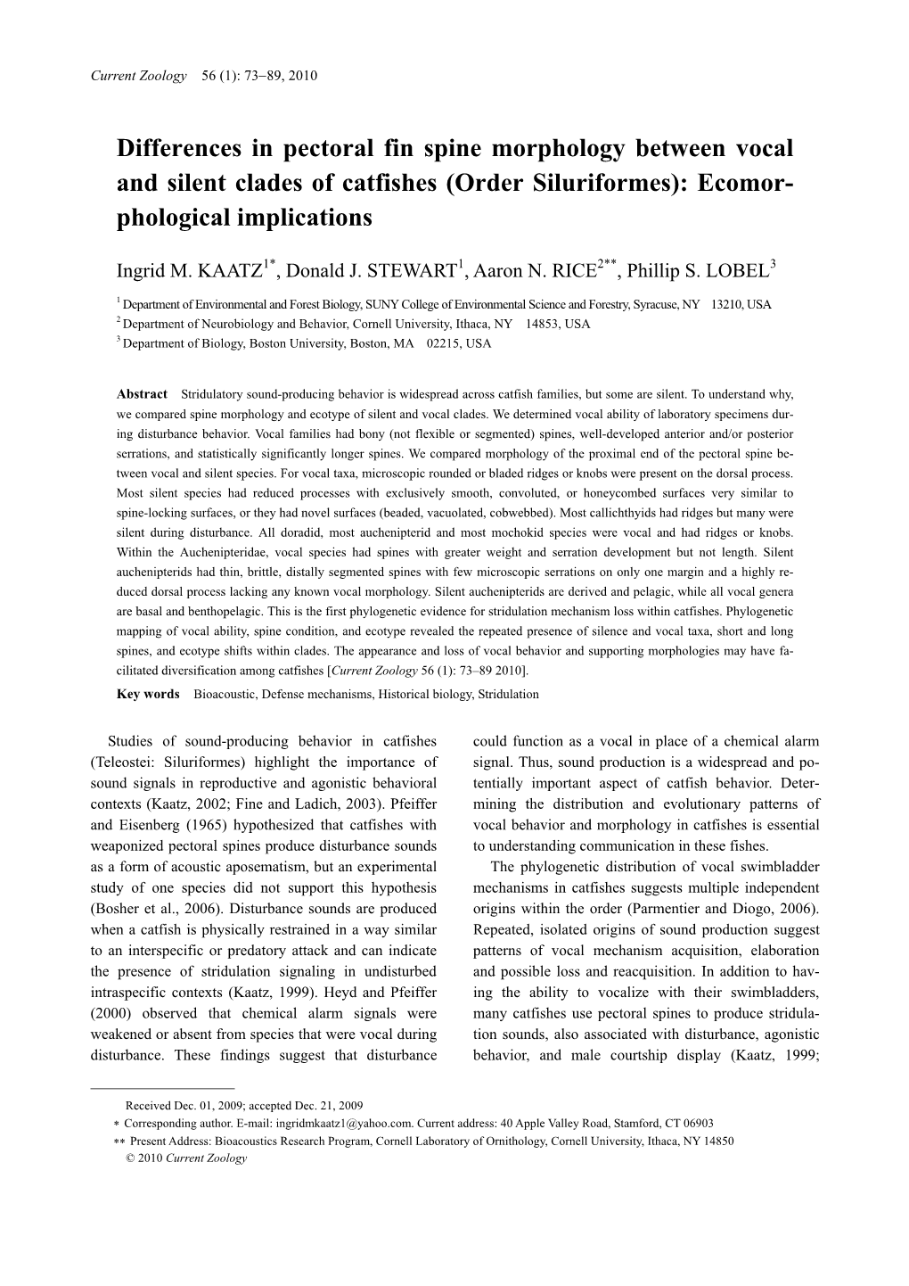 Differences in Pectoral Fin Spine Morphology Between Vocal and Silent Clades of Catfishes (Order Siluriformes): Ecomor- Phological Implications