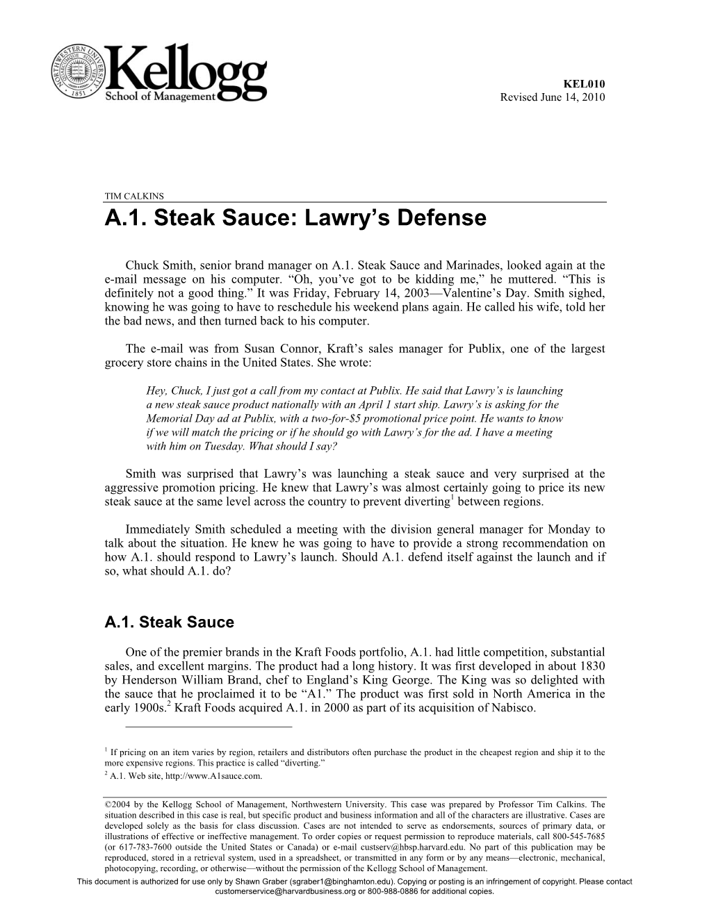 A.1. Steak Sauce: Lawry's Defense