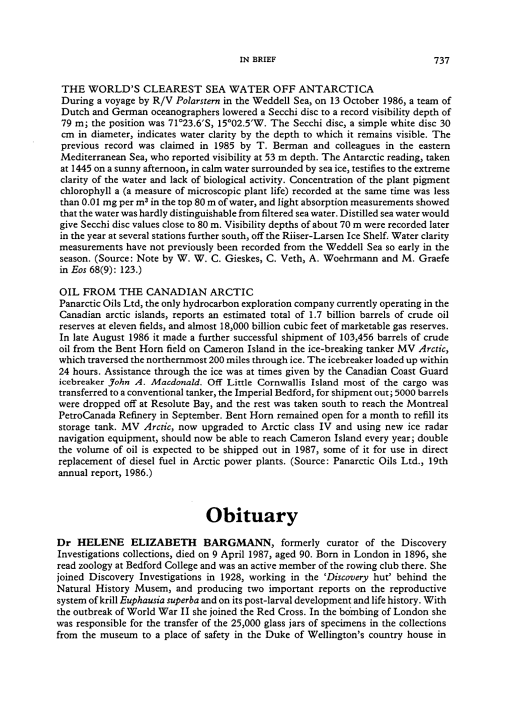 Obituary Dr HELENE ELIZABETH BARGMANN, Formerly Curator of the Discovery Investigations Collections, Died on 9 April 1987, Aged 90