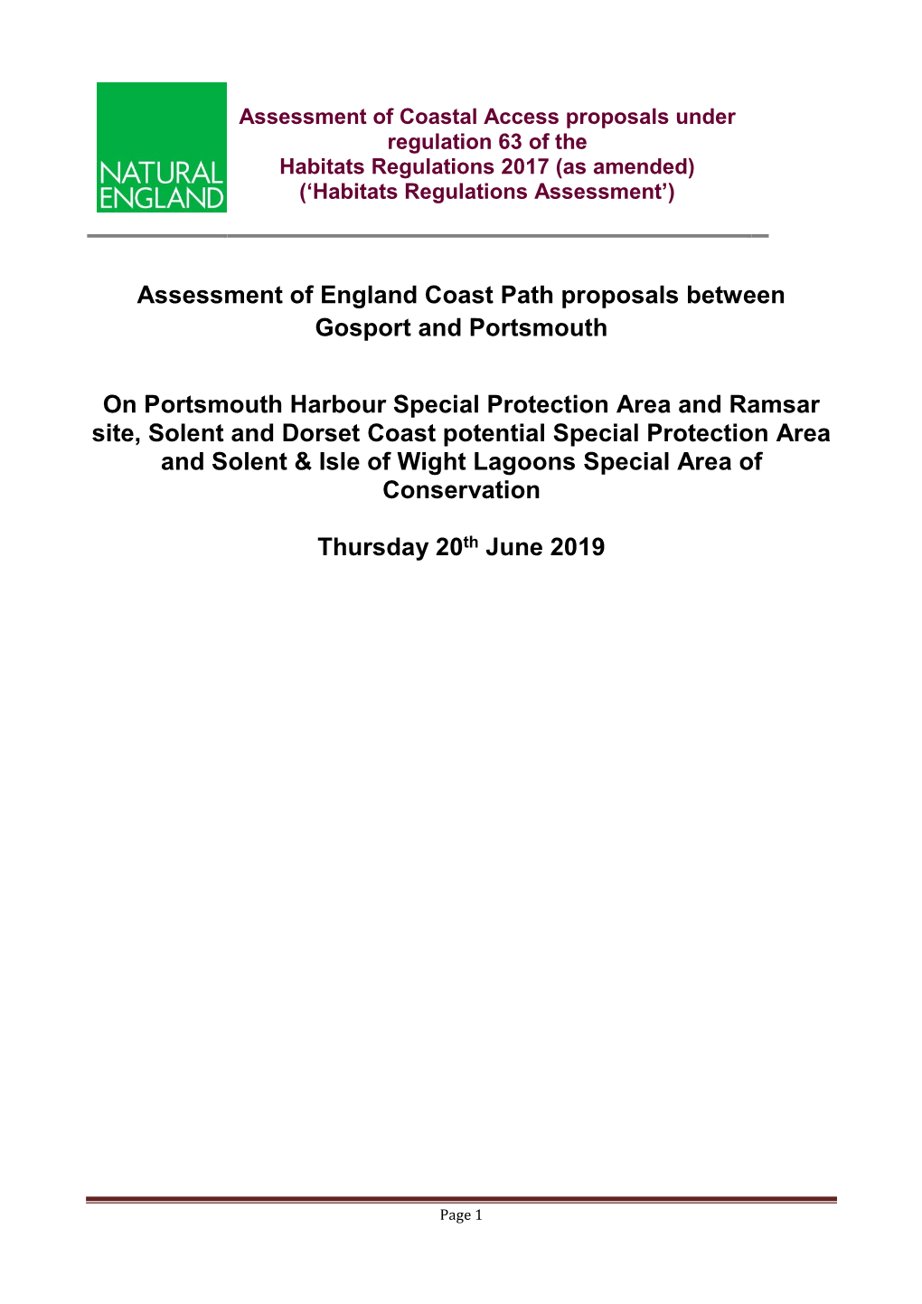 Gosport to Portsmouth Habitats Regulations Assessment