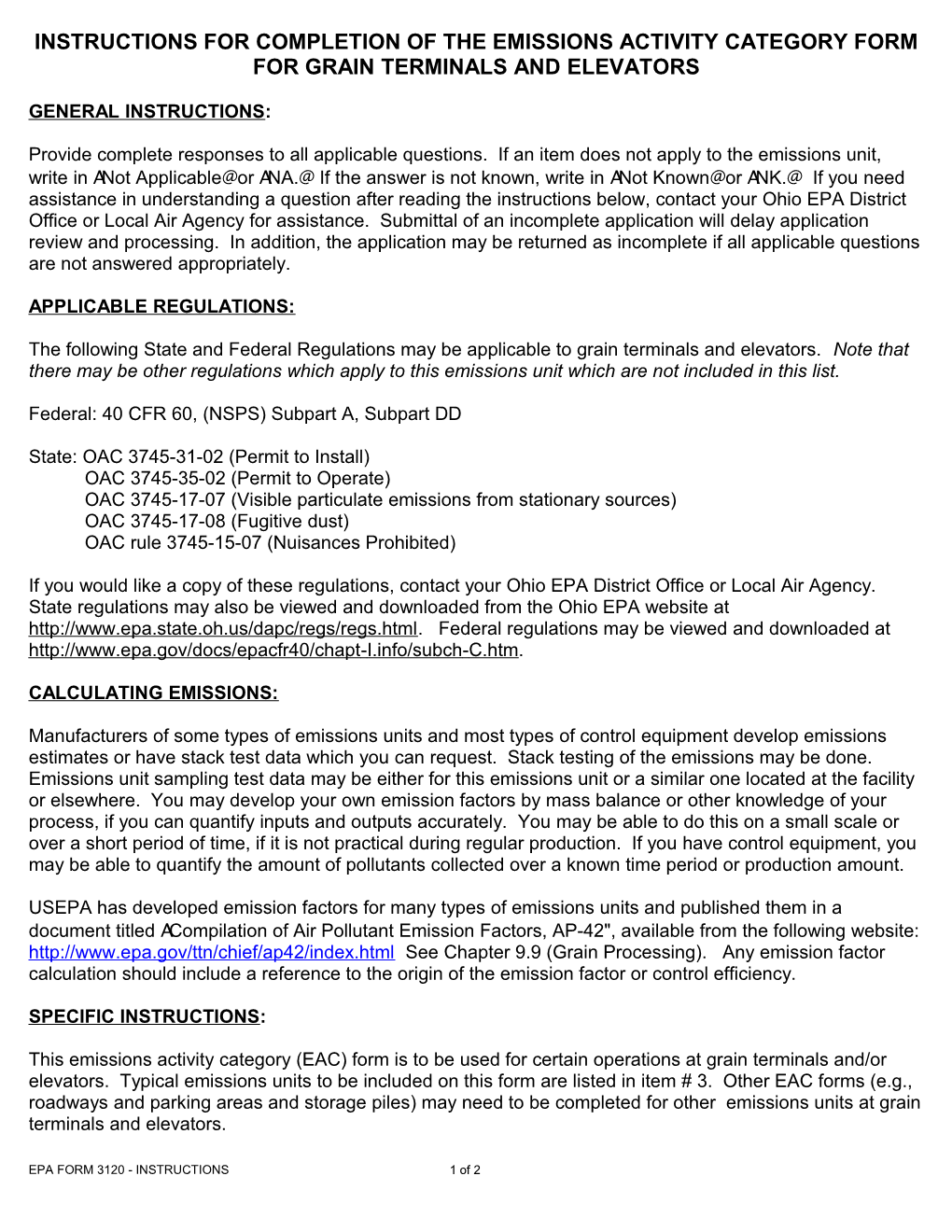 Instructions for Completion of the Emissions Activity Category Form for Grain Terminals