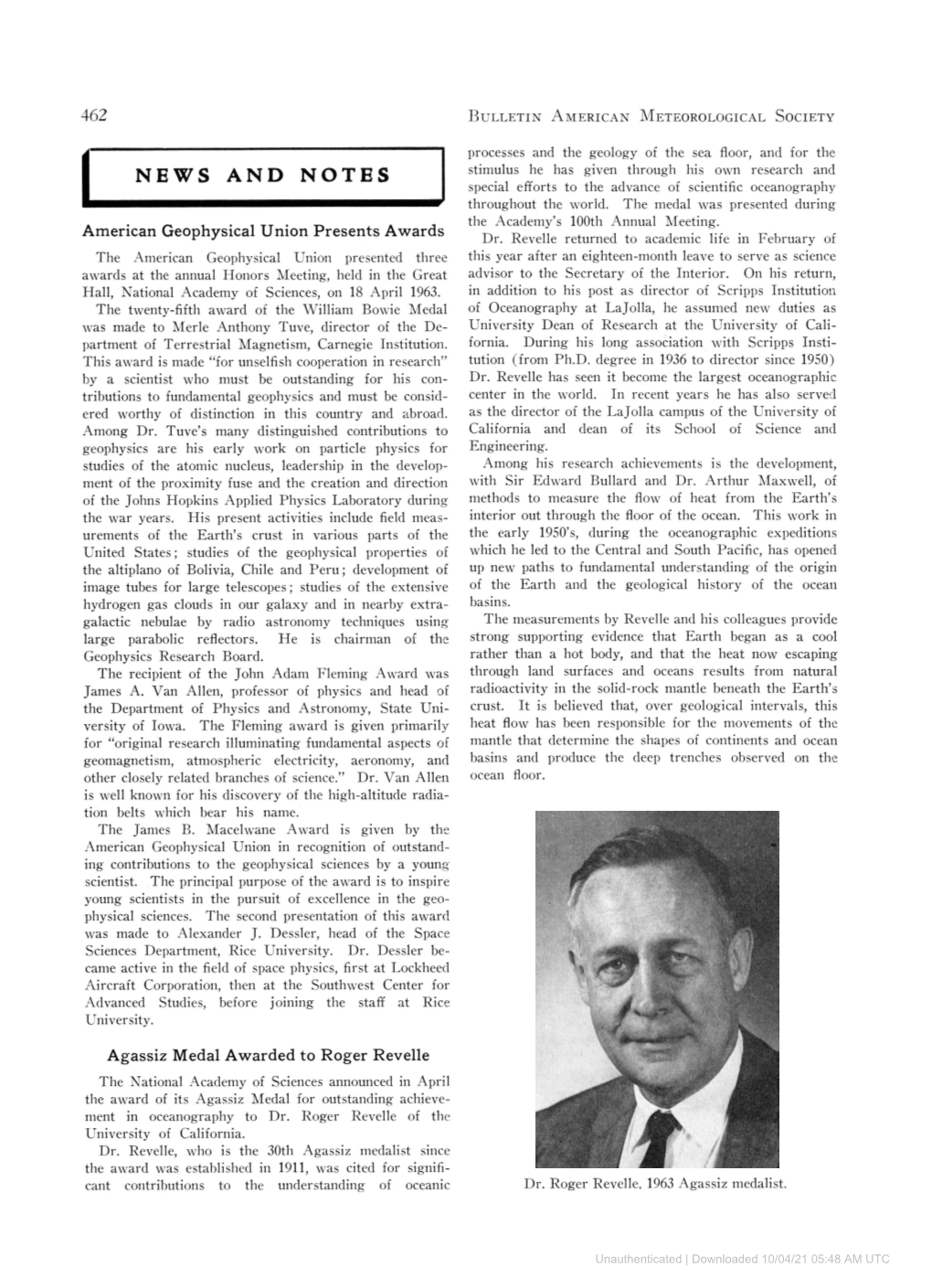 NEWS and NOTES Stimulus He Has Given Through His Own Research and Special Efforts to the Advance of Scientific Oceanography Throughout the World