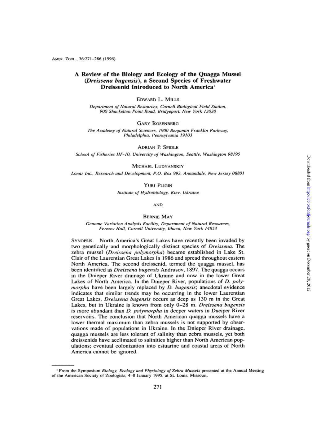 A Review of the Biology and Ecology of the Quagga Mussel (Dreissena Bugensis), a Second Species of Freshwater Dreissenid Introduced to North America1