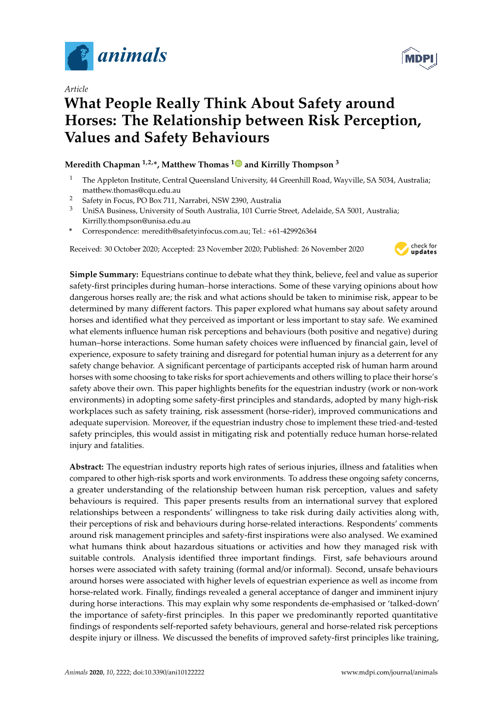 What People Really Think About Safety Around Horses: the Relationship Between Risk Perception, Values and Safety Behaviours