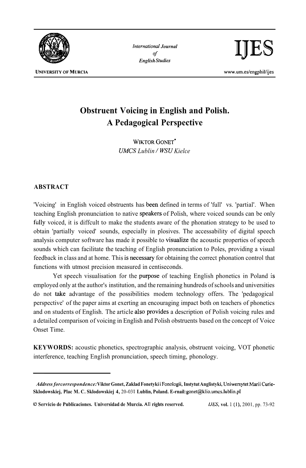 Obstruent Voicing in English and Polish. a Pedagogical Perspective