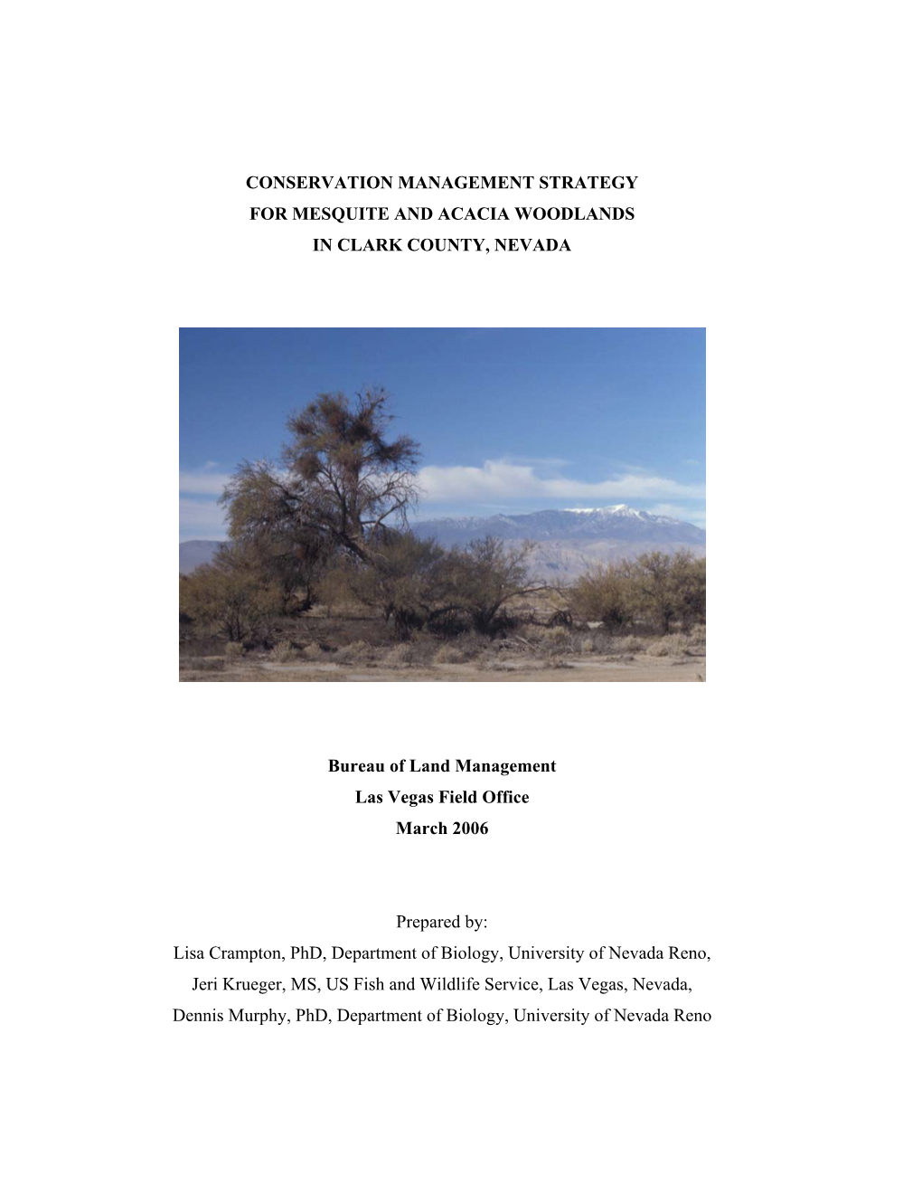 Conservation Management Strategy for Mesquite and Acacia Woodlands in Clark County, Nevada