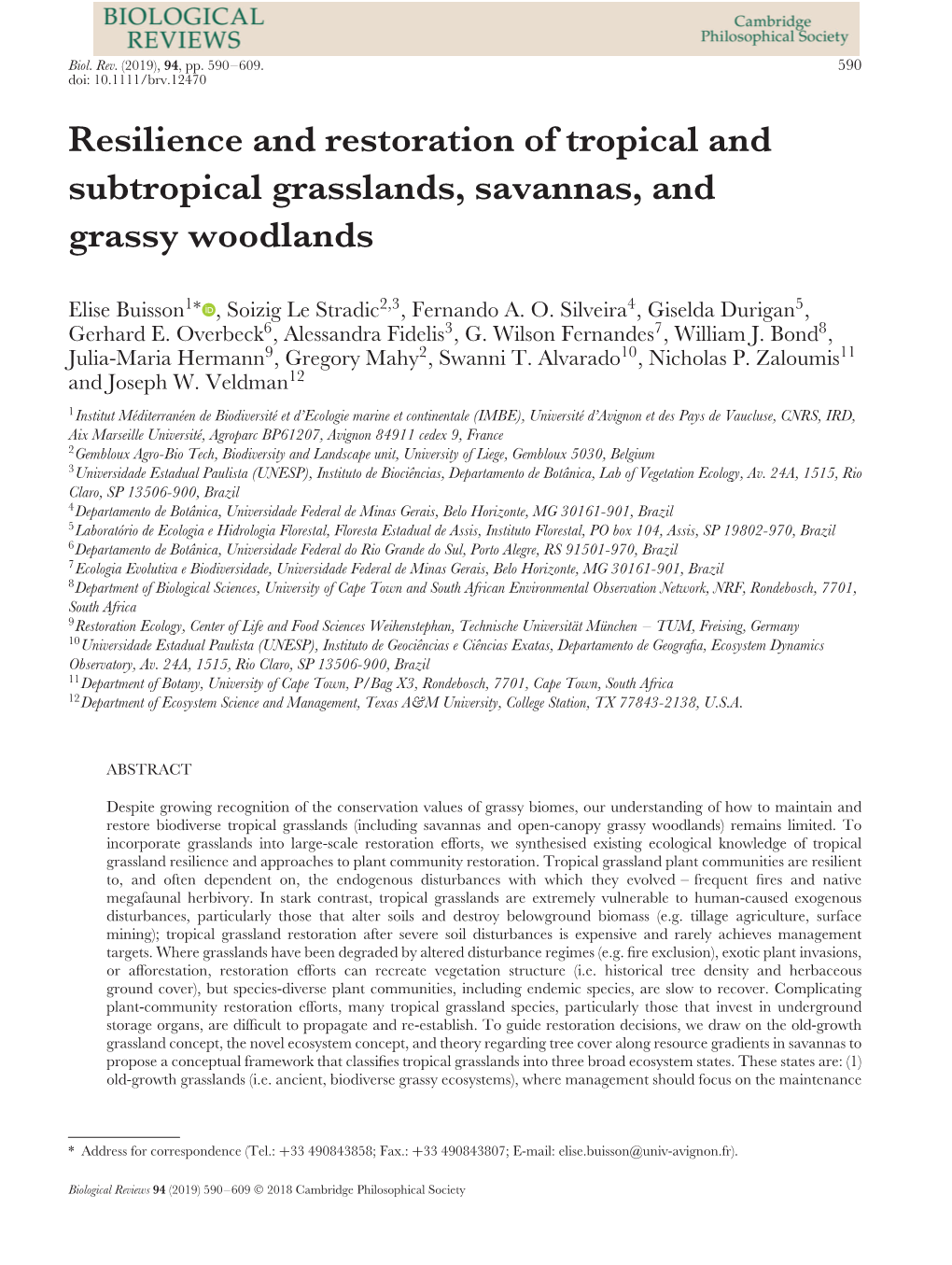 Resilience and Restoration of Tropical and Subtropical Grasslands, Savannas, and Grassy Woodlands