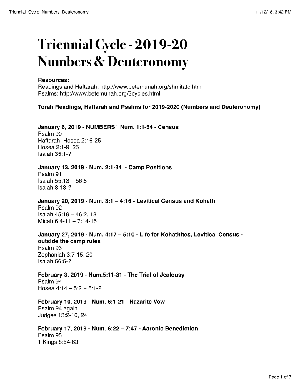 Triennial Cycle - 2019-20 Numbers & Deuteronomy