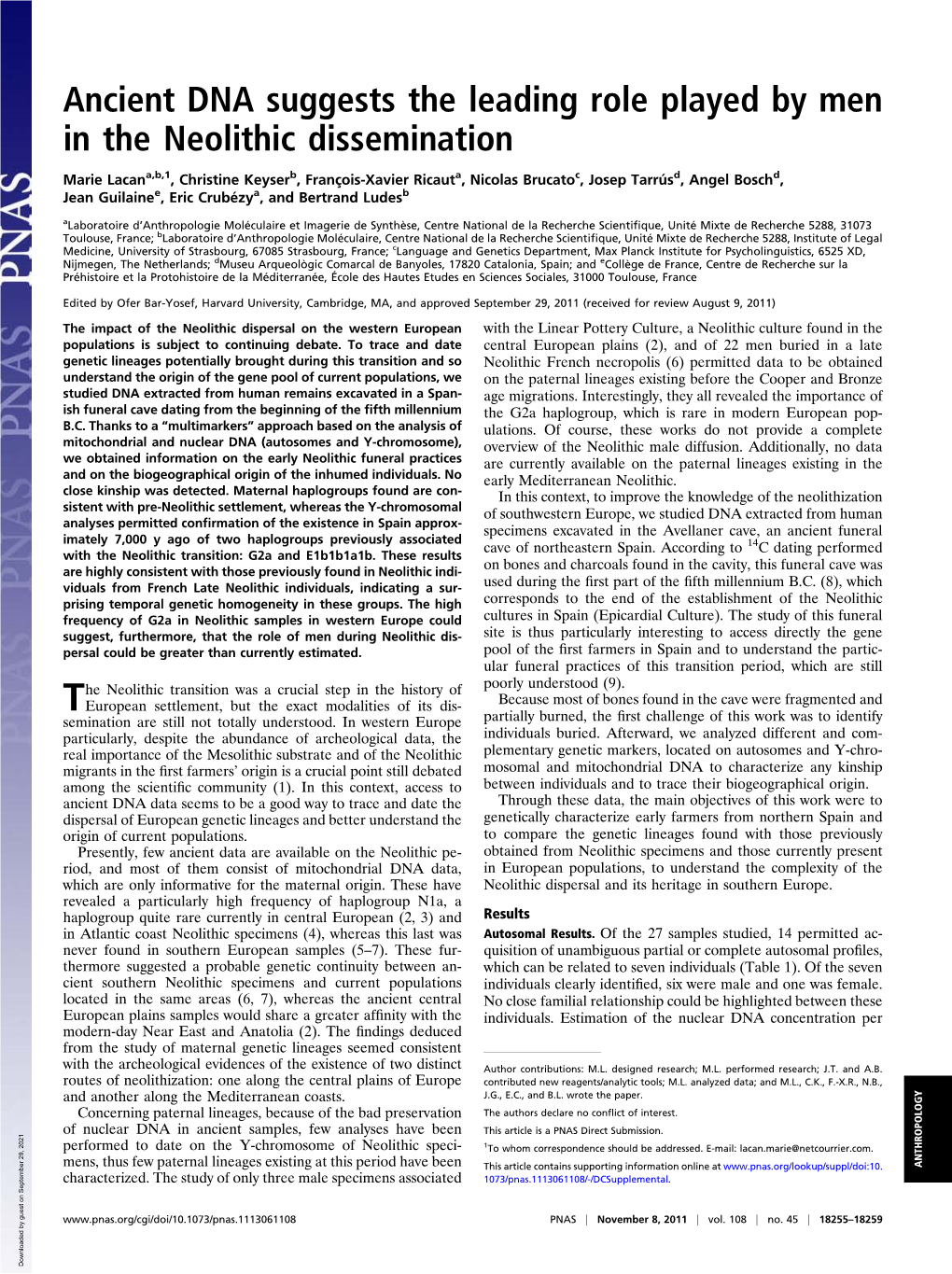 Ancient DNA Suggests the Leading Role Played by Men in the Neolithic Dissemination