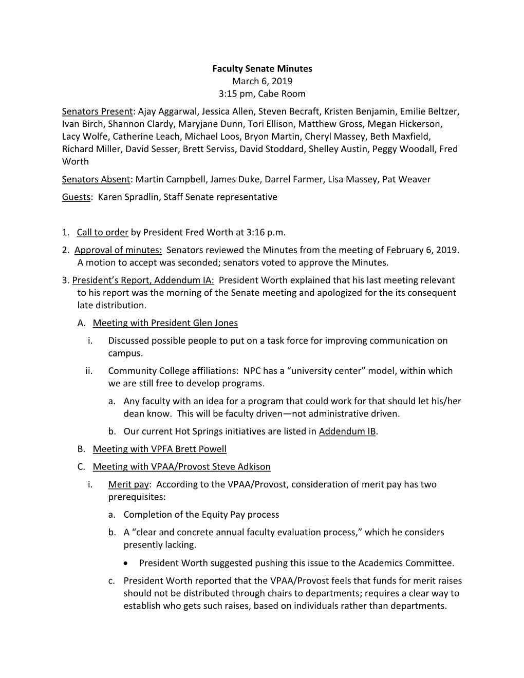 Faculty Senate Minutes March 6, 2019 3:15