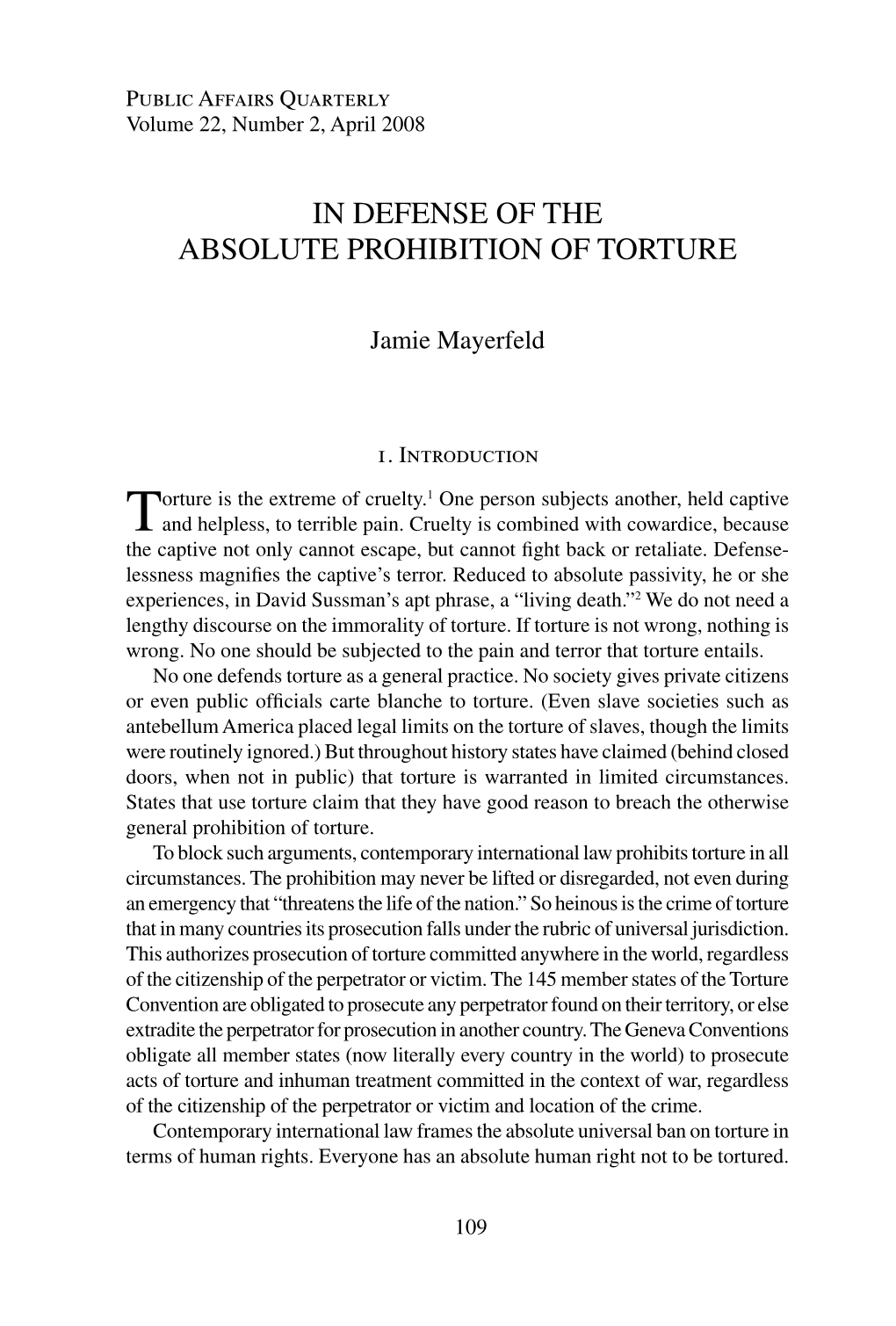 In Defense of the Absolute Prohibition of Torture