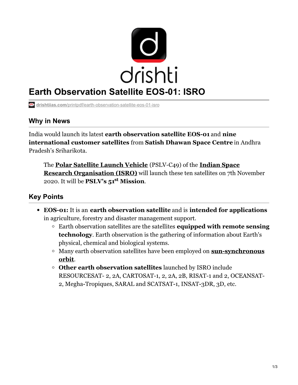 Earth Observation Satellite EOS-01: ISRO