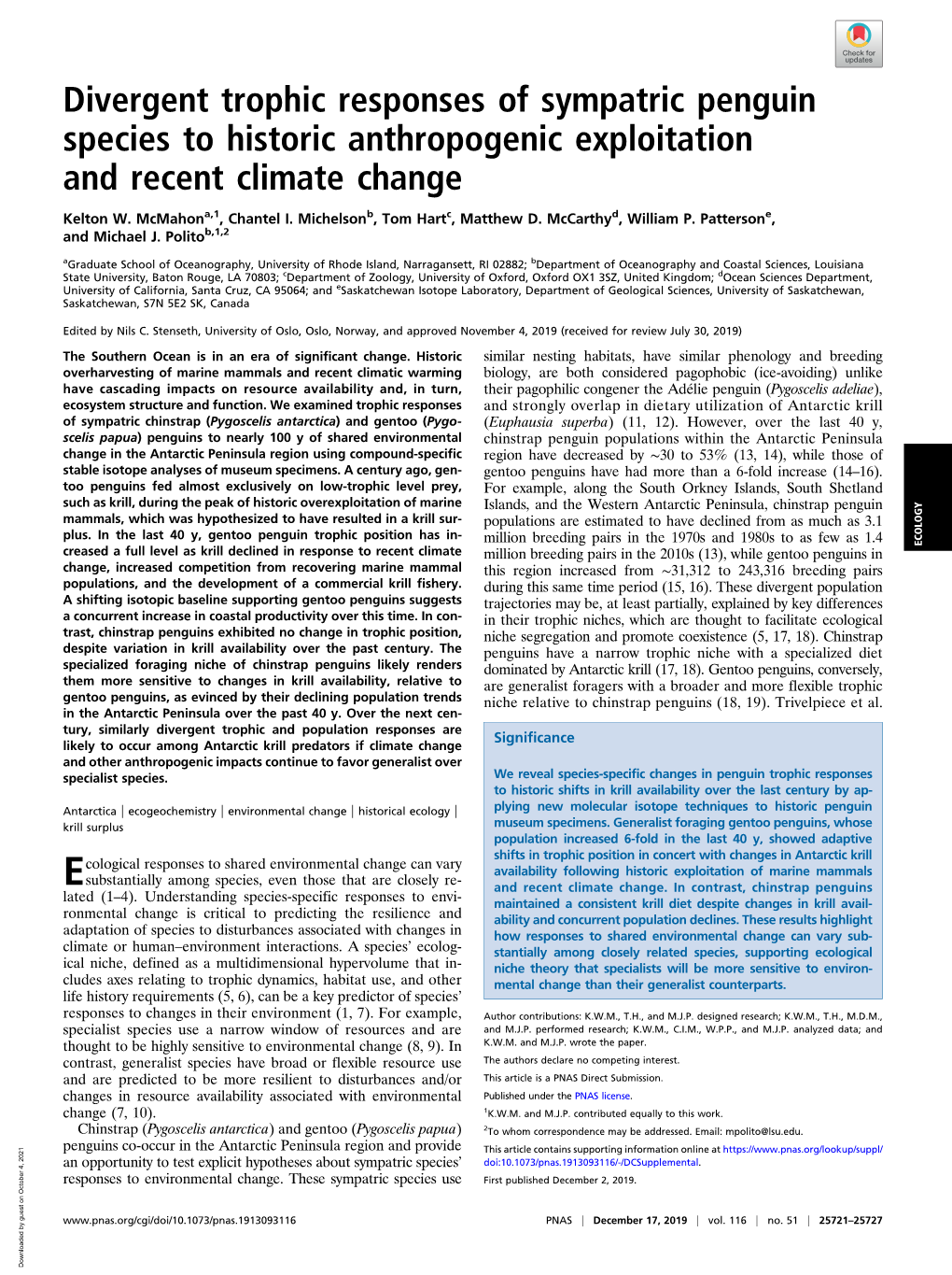 Divergent Trophic Responses of Sympatric Penguin Species to Historic Anthropogenic Exploitation and Recent Climate Change