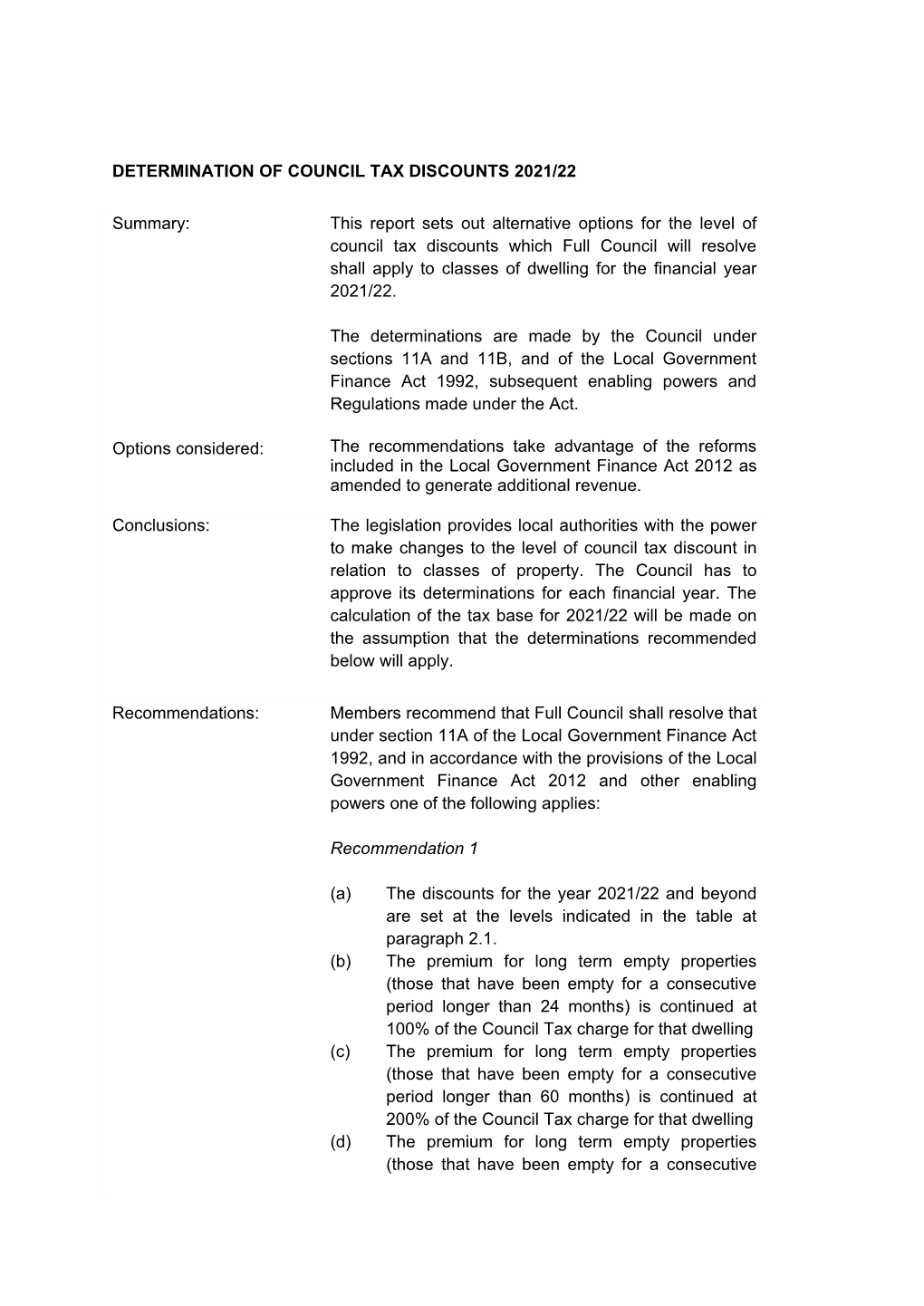 Determination of Council Tax Discounts 2021/22