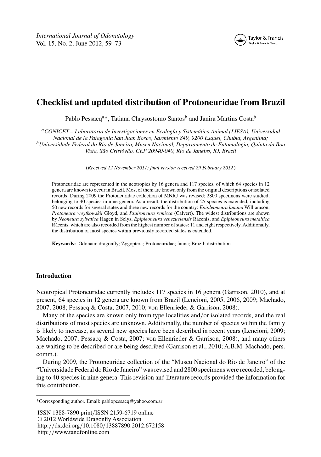 Checklist and Updated Distribution of Protoneuridae from Brazil