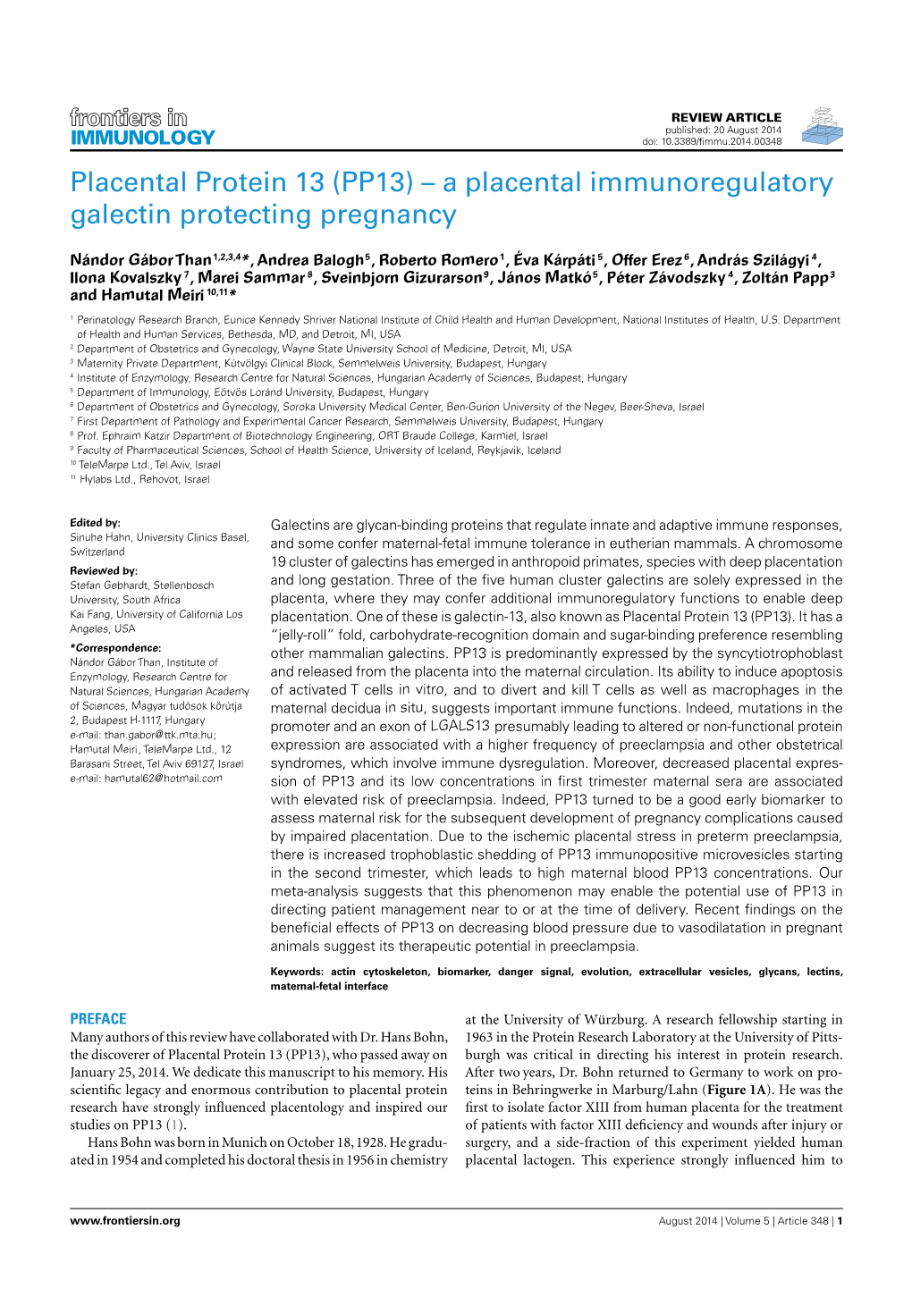 Placental Protein 13 (PP13) – a Placental Immunoregulatory Galectin Protecting Pregnancy