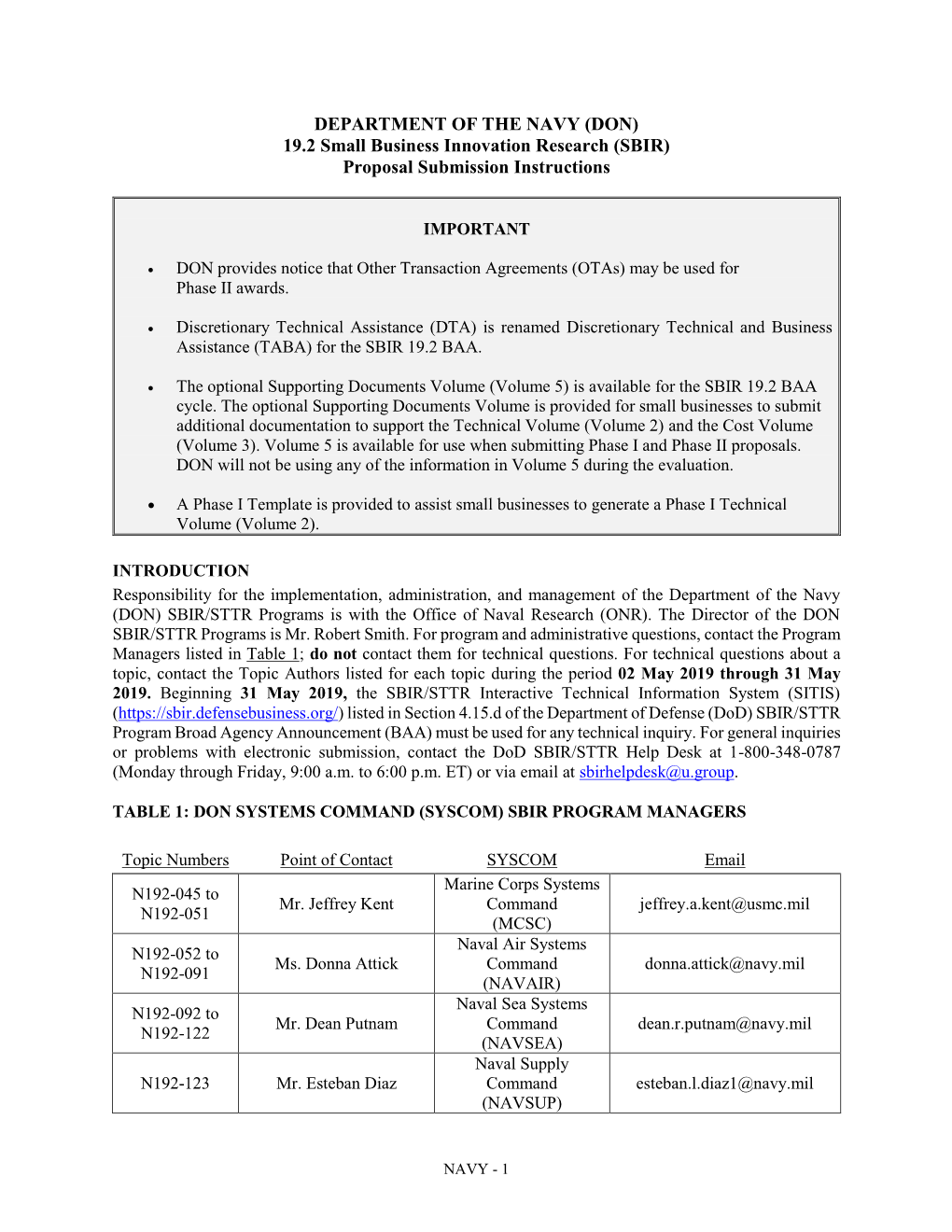 (DON) 19.2 Small Business Innovation Research (SBIR) Proposal Submission Instructions