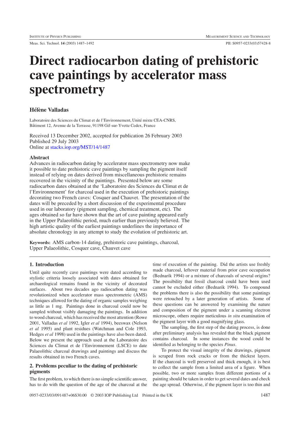 Direct Radiocarbon Dating of Prehistoric Cave Paintings by Accelerator Mass Spectrometry