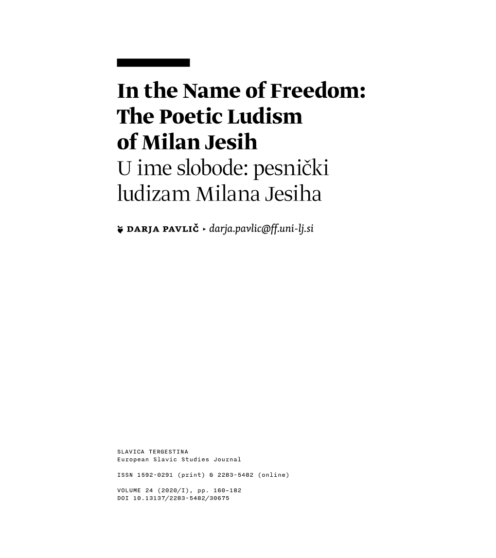 The Poetic Ludism of Milan Jesih U Ime Slobode: Pesnički Ludizam Milana Jesiha