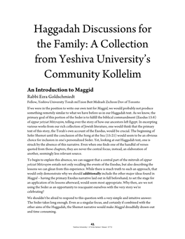 Haggadah Discussions for the Family: a Collection from Yeshiva University’S Community Kollelim