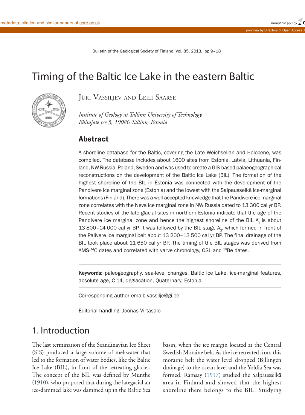 Timing of the Baltic Ice Lake in the Eastern Baltic