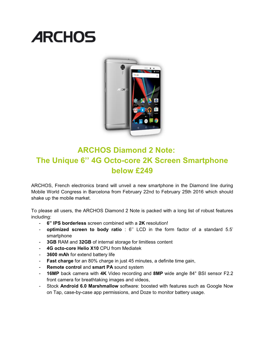 ARCHOS Diamond 2 Note: the Unique 6'' 4G Octo-Core 2K Screen