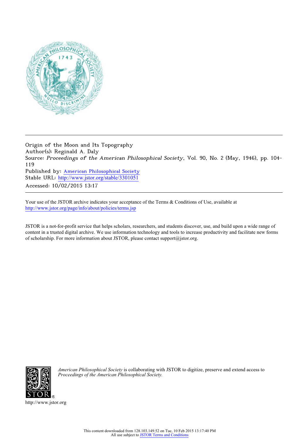 Origin of the Moon and Its Topography Author(S): Reginald A