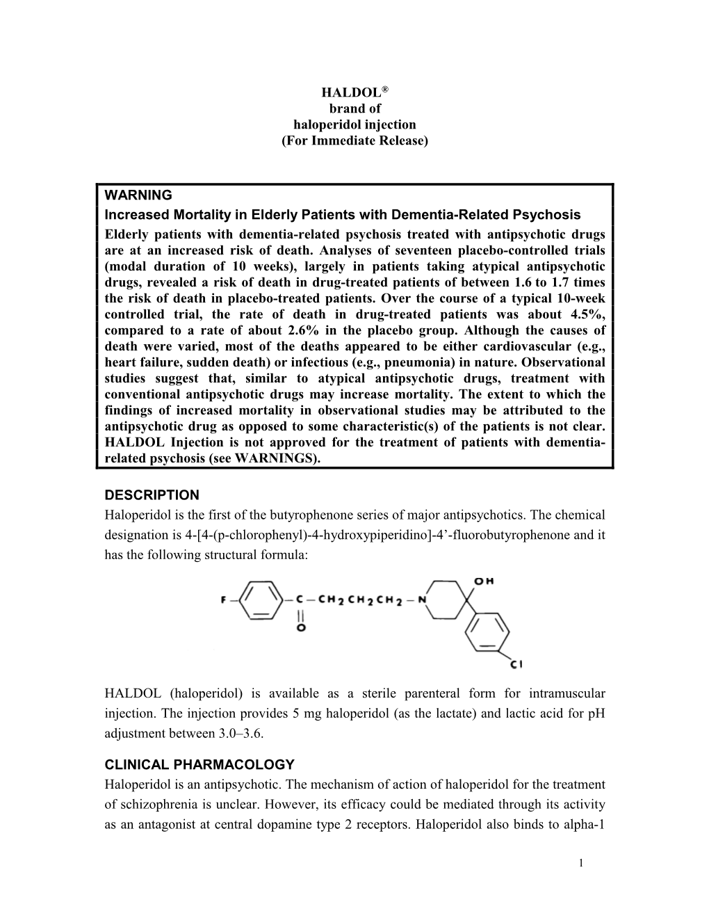 HALDOL® Brand of Haloperidol Injection (For Immediate Release)