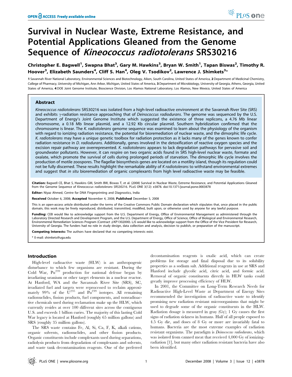 Sequence of Kineococcus Radiotolerans SRS30216