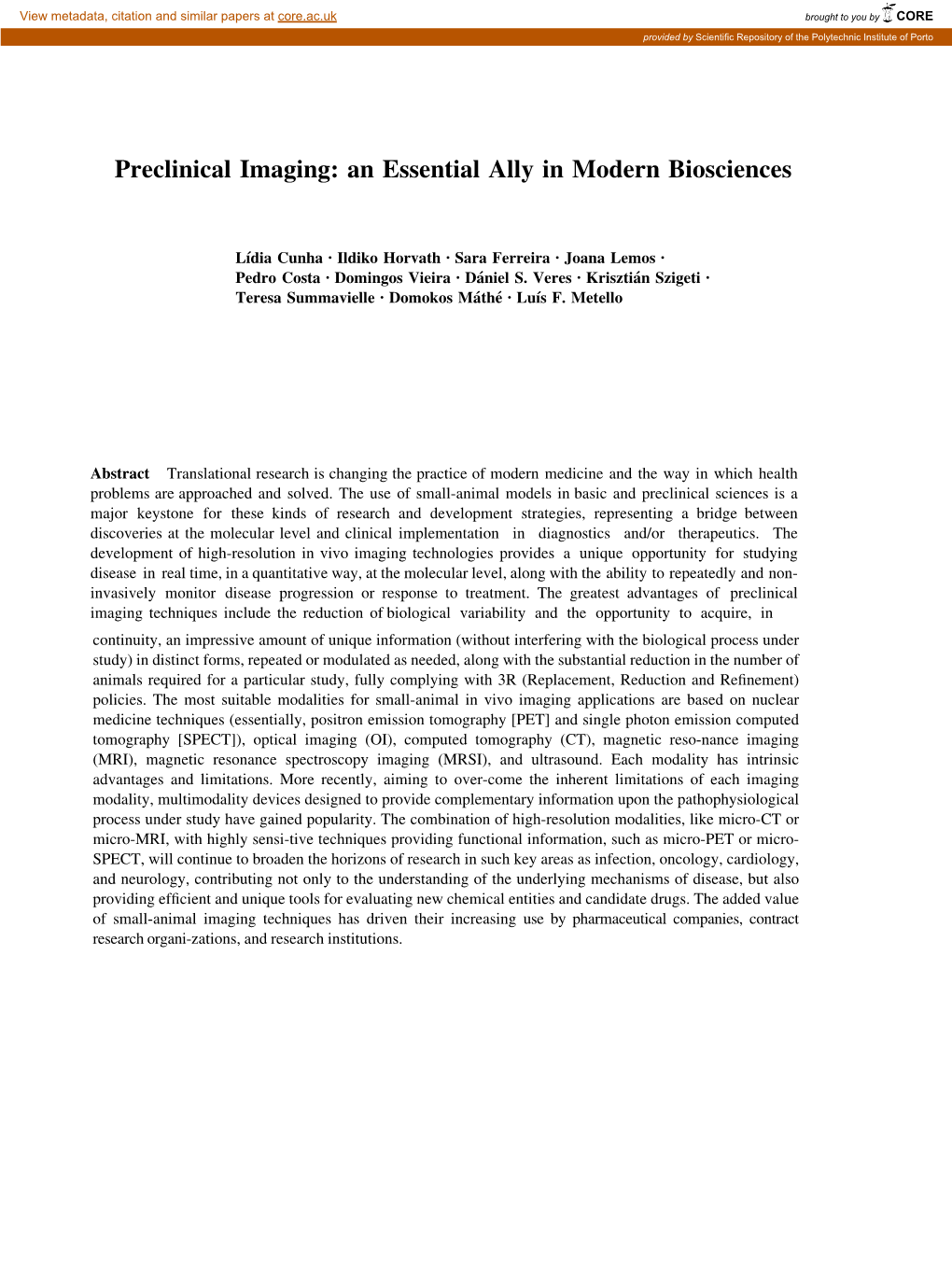 Preclinical Imaging: an Essential Ally in Modern Biosciences