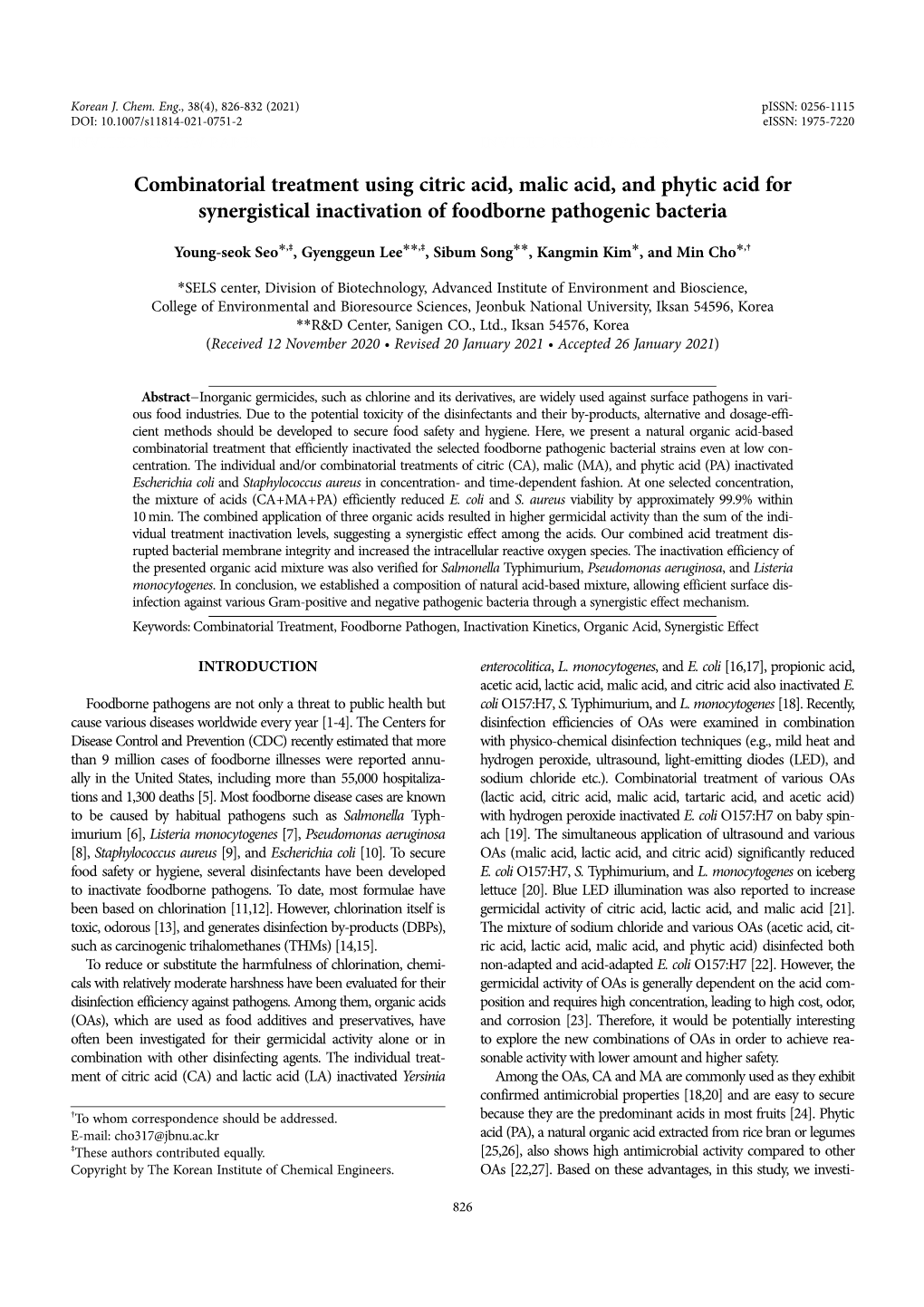 Combinatorial Treatment Using Citric Acid, Malic Acid, and Phytic Acid for Synergistical Inactivation of Foodborne Pathogenic Bacteria