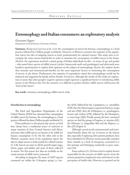 Entomophagy and Italian Consumers: an Exploratory Analysis Giovanni Sogari Department of Food Science, University of Parma