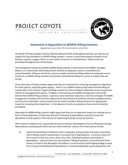 Statement in Opposition to Wildlife Killing Contests Signed by More Than 70 Conservation Scientists