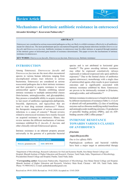 Mechanisms of Intrinsic Antibiotic Resistance in Enterococci Alexander Kiruthiga1,2, Kesavaram Padmavathy1*