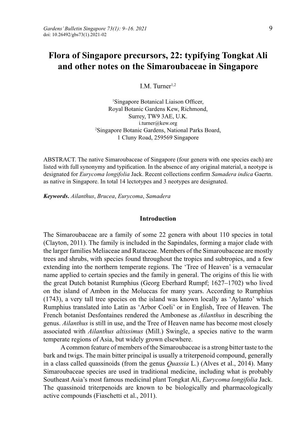 Typifying Tongkat Ali and Other Notes on the Simaroubaceae in Singapore