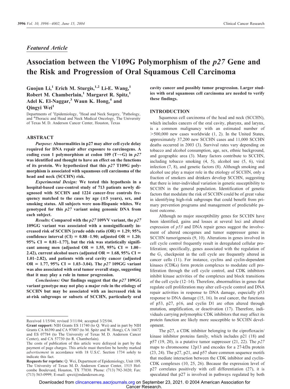 Association Between the V109G Polymorphism of the P27 Gene and the Risk and Progression of Oral Squamous Cell Carcinoma