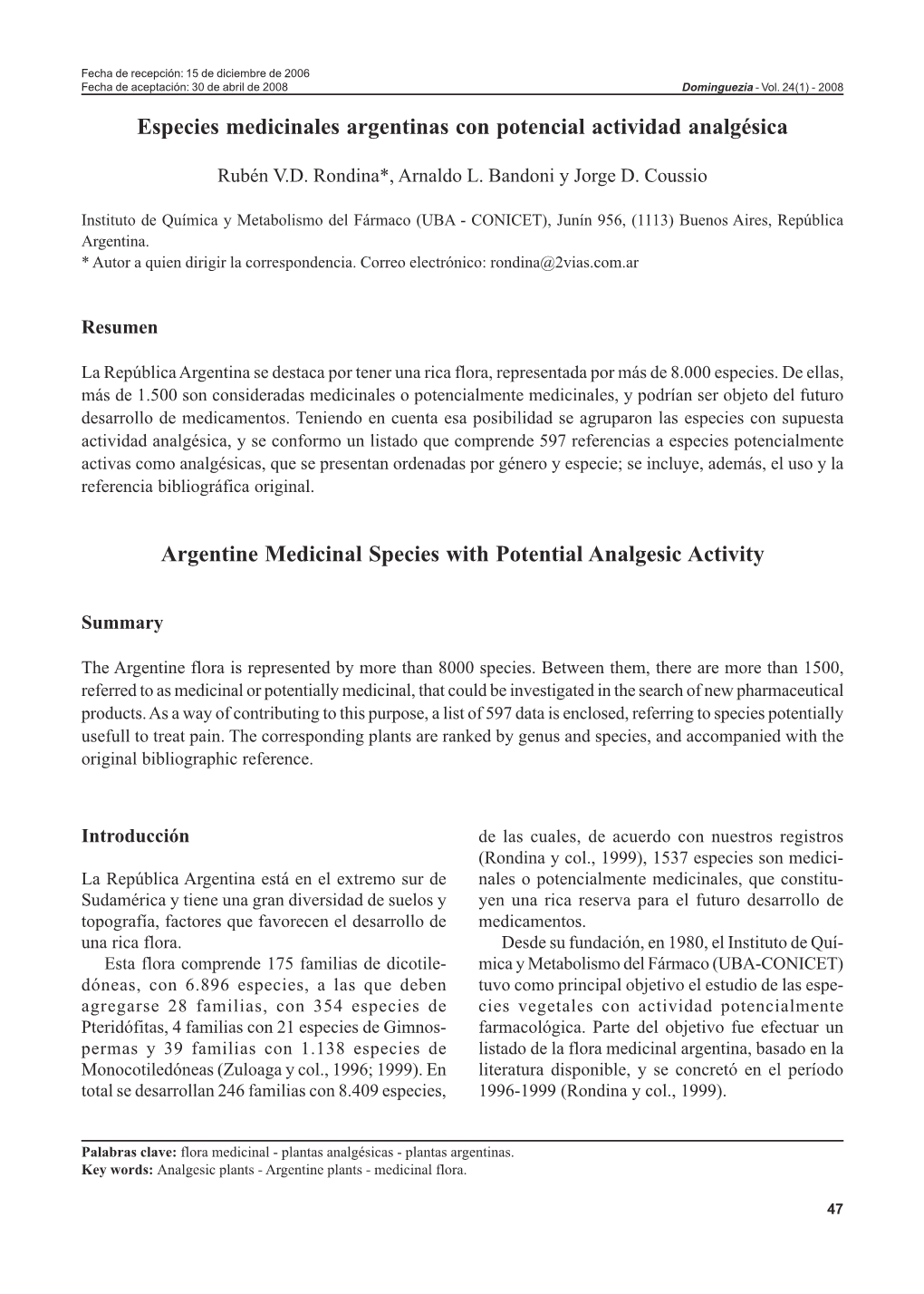 Especies Medicinales Argentinas Con Potencial Actividad Analgésica