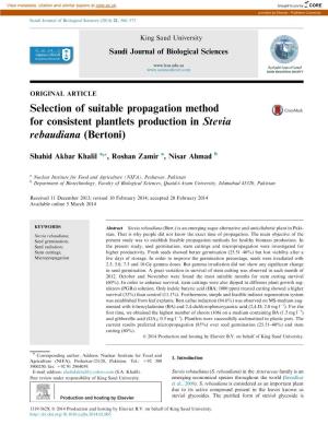 Selection of Suitable Propagation Method for Consistent Plantlets Production in Stevia Rebaudiana (Bertoni)