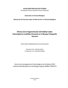 Efectos De La Fragmentación Del Hábitat Sobre Himenópteros Antófilos (Insecta) En El Bosque Chaqueño Serrano