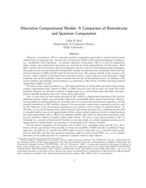 Alternative Computational Models: a Comparison of Biomolecular and Quantum Computation