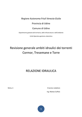 Revisione Generale Ambiti Idraulici Dei Torrenti Cormor, Tresemane E Torre