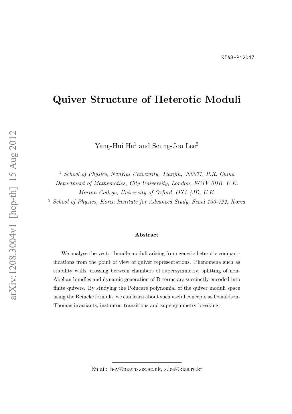 Quiver Structure of Heterotic Moduli Arxiv:1208.3004V1 [Hep-Th] 15 Aug