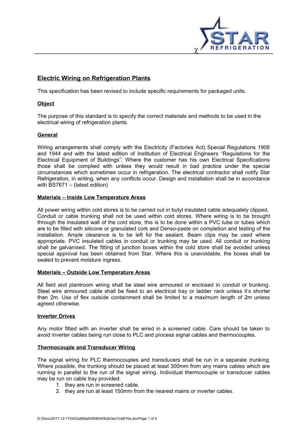 Electric Wiring on Refrigeration Plants