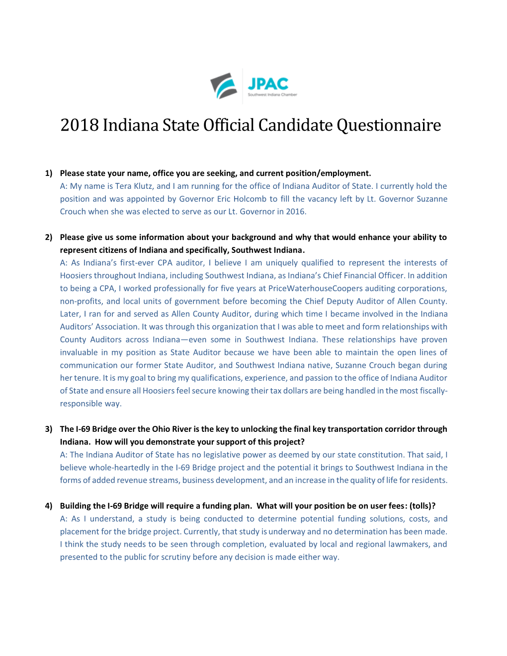 2018 Indiana State Official Candidate Questionnaire