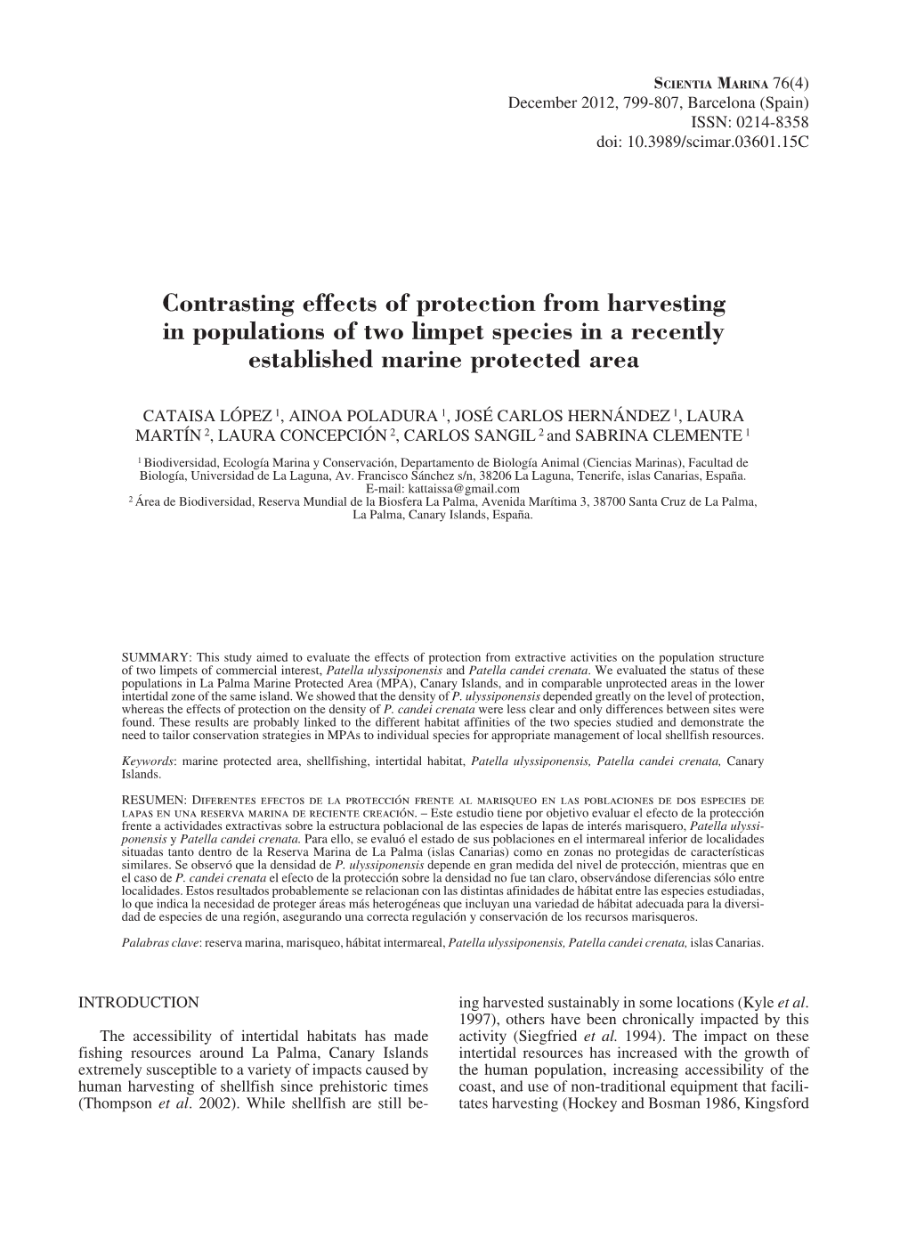 Contrasting Effects of Protection from Harvesting in Populations of Two Limpet Species in a Recently Established Marine Protected Area