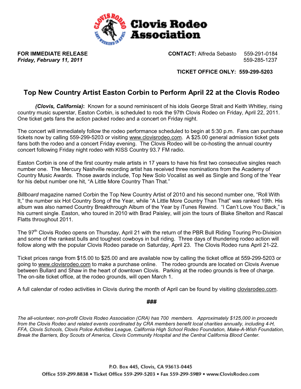 Top New Country Artist Easton Corbin to Perform April 22 at the Clovis Rodeo