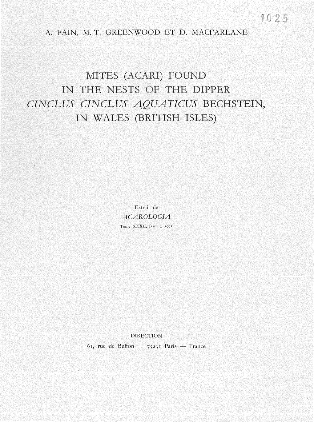 Mites Ri) Found Nes S of the Dipper Cinclus Aquaticus Bechstein, Wales (British Isles)