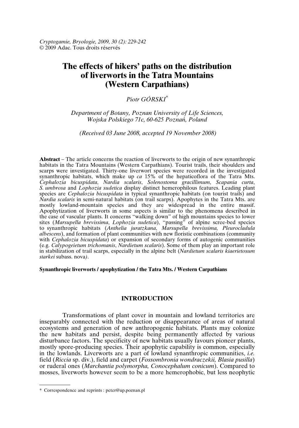 The Effects of Hikers' Paths on the Distribution of Liverworts in the Tatra Mountains (Western Carpathians)